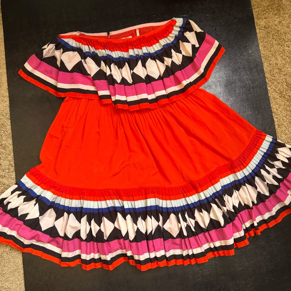 kate spade Bright Red Off-Shoulder Ruffle Dress with Multicolor Trim